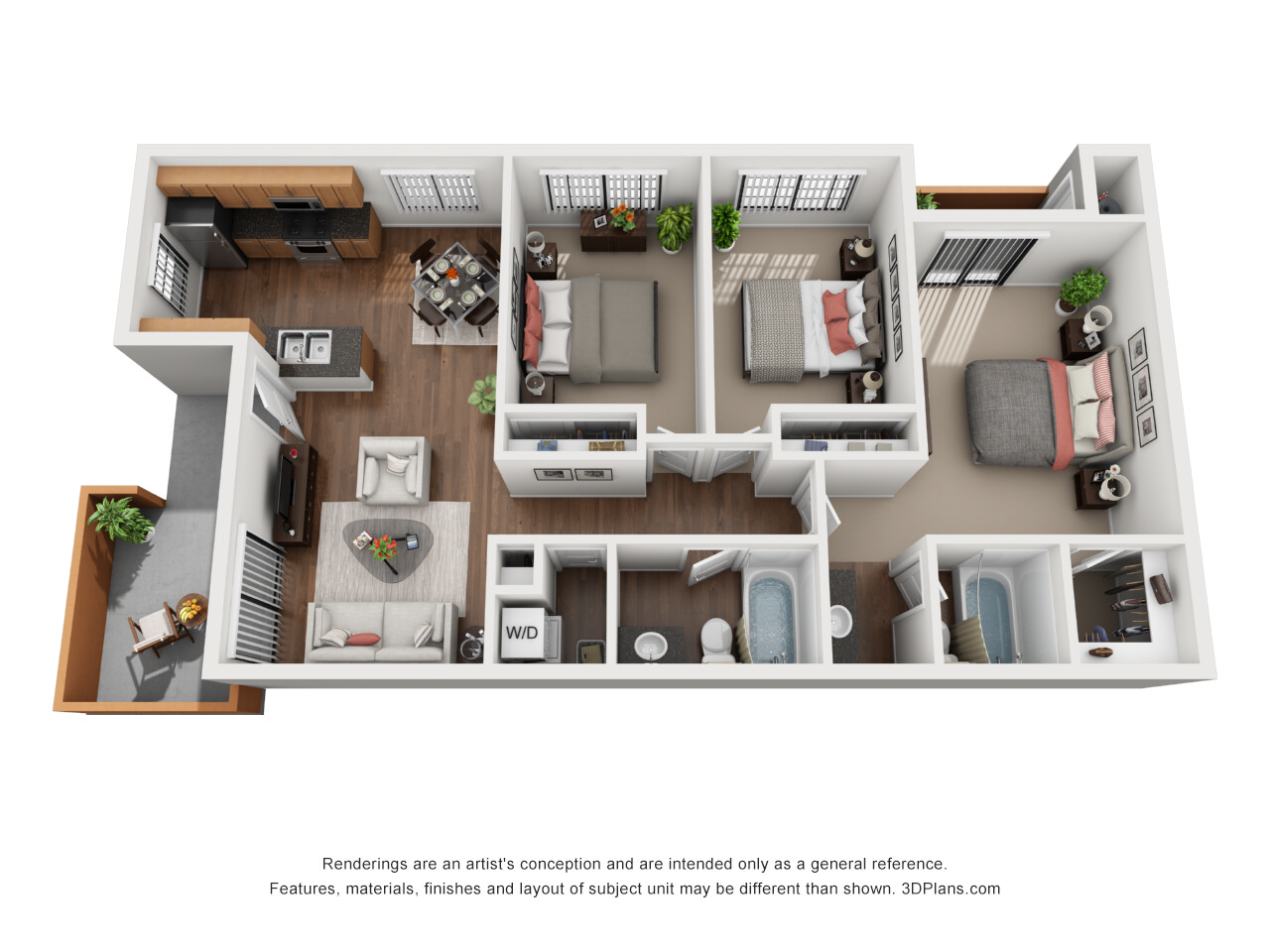 Floor plan for 3 beds, 2 baths, 1100 sqft